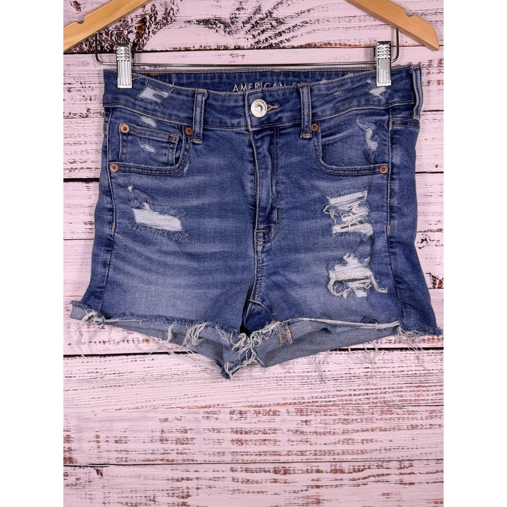 American Eagle Denim Shorts Women 6 Blue Hi-Rise Shortie Distressed Stretch
